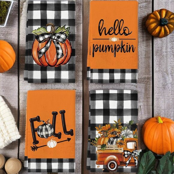 Other - Pumpkin Kitchen Towels Autumn Fall Holiday Plaid Thanksgiving Halloween Decor